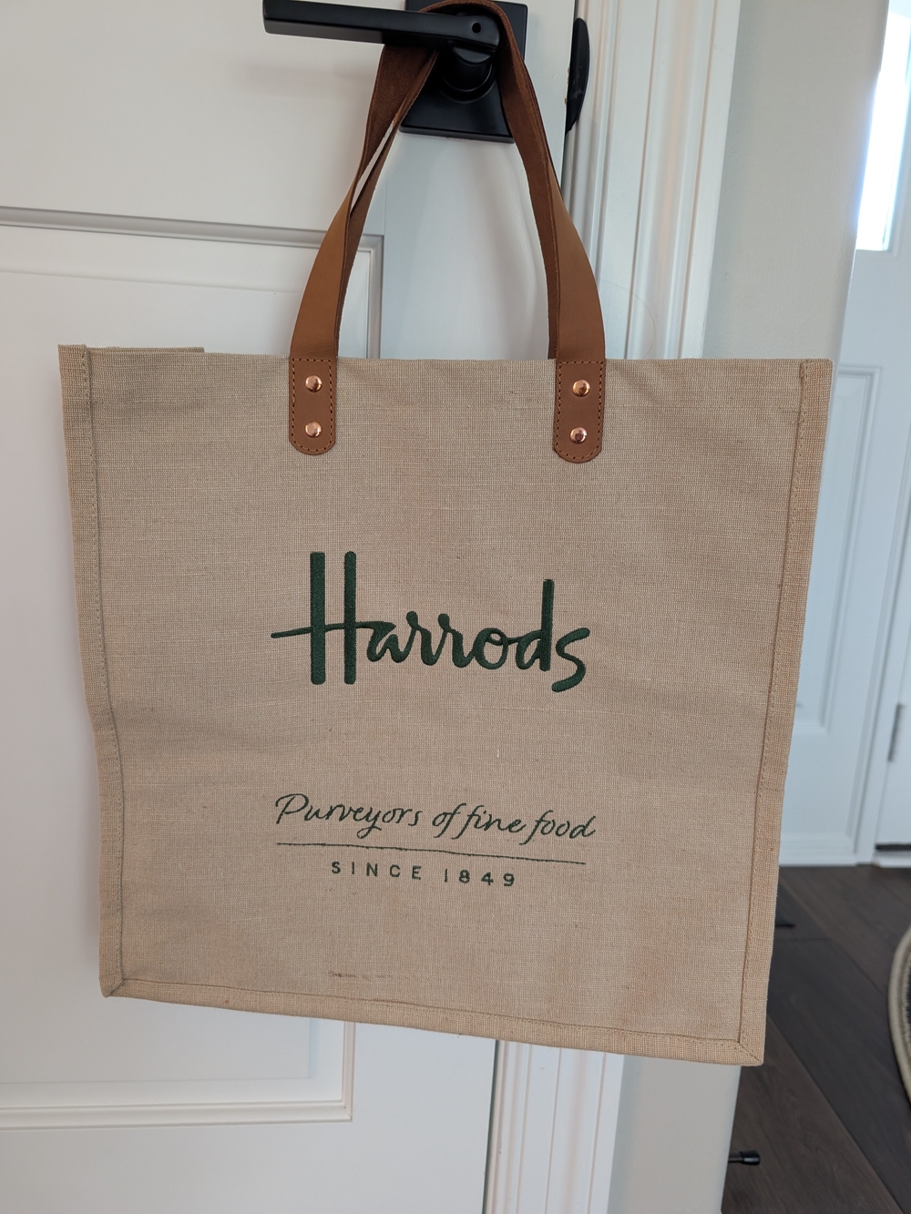 Harrods Jute / Canvas Tote Reusable Shopping/ Personal Bag With Leather Handles